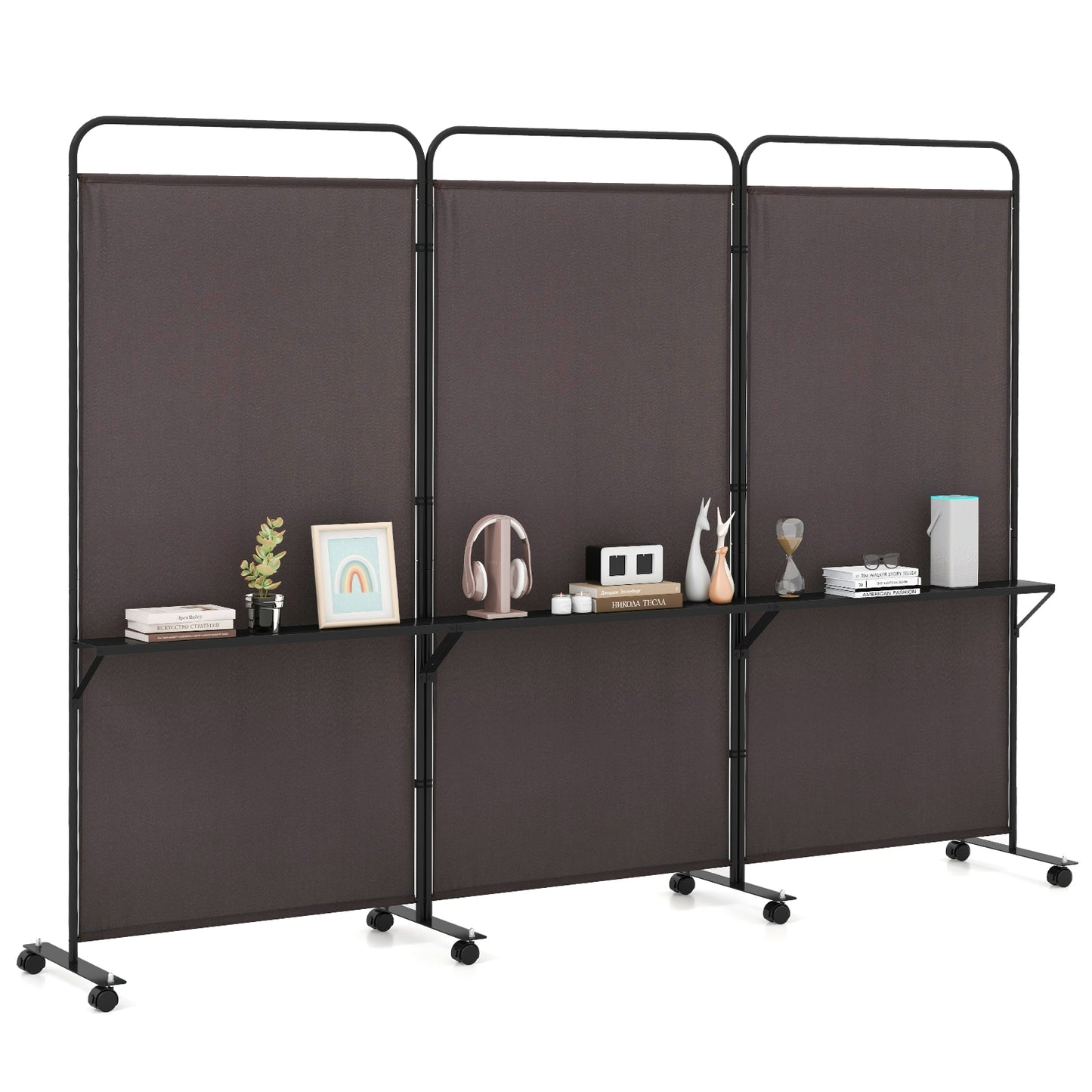 3-Panel Folding Room Divider with 3 Metal Shelves and Lockable Wheels, Brown Room Dividers Brown at Gallery Canada