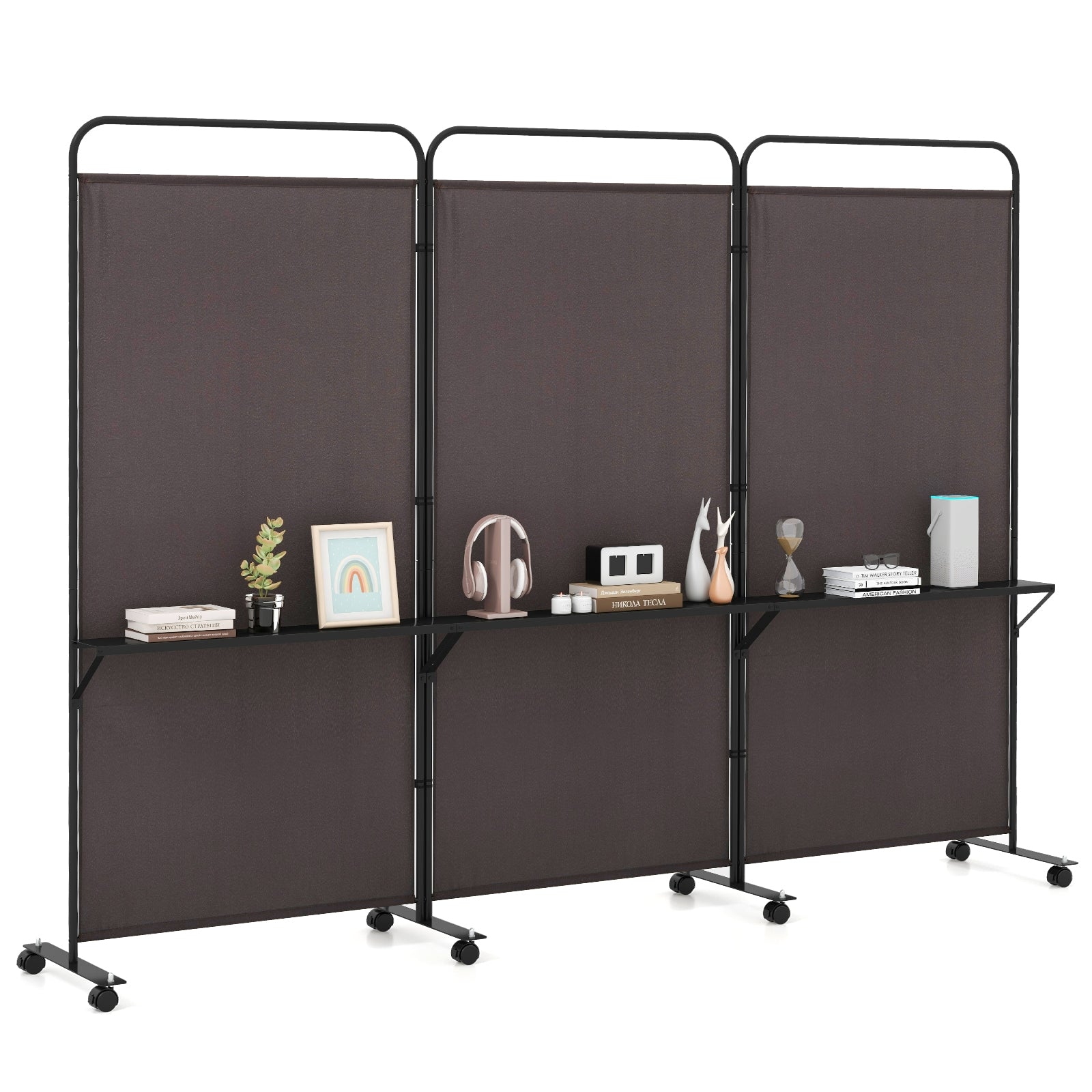 3-Panel Folding Room Divider with 3 Metal Shelves and Lockable Wheels, Brown Room Dividers Brown at Gallery Canada