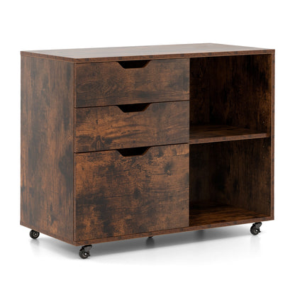 Armoire de classement à 3 tiroirs, Étagère réglable, Roulettes, Format lettre, Brun rustique