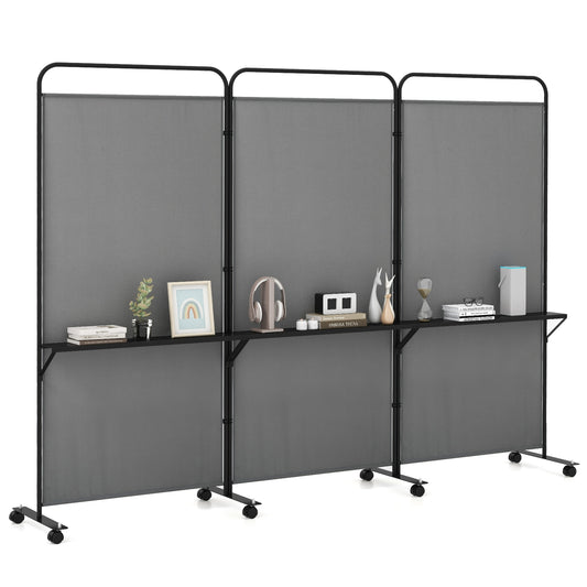 3-Panel Folding Room Divider with 3 Metal Shelves and Lockable Wheels, Gray Room Dividers Gray at Gallery Canada
