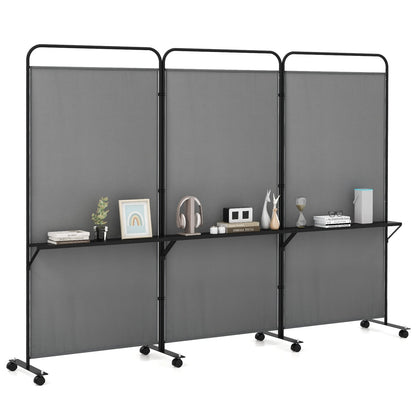 3-Panel Folding Room Divider, 3 Metal Shelves, Lockable Wheels, Gray