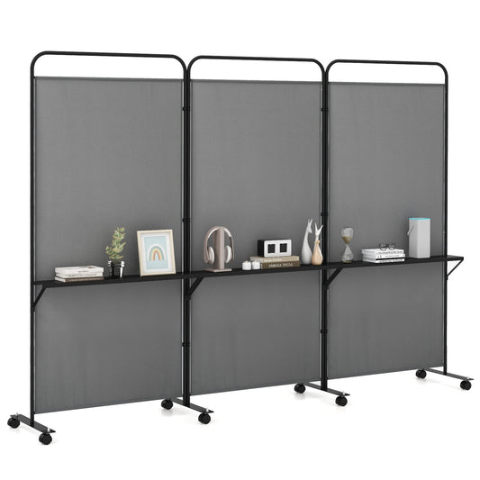 3-Panel Folding Room Divider, 3 Metal Shelves, Lockable Wheels, Gray