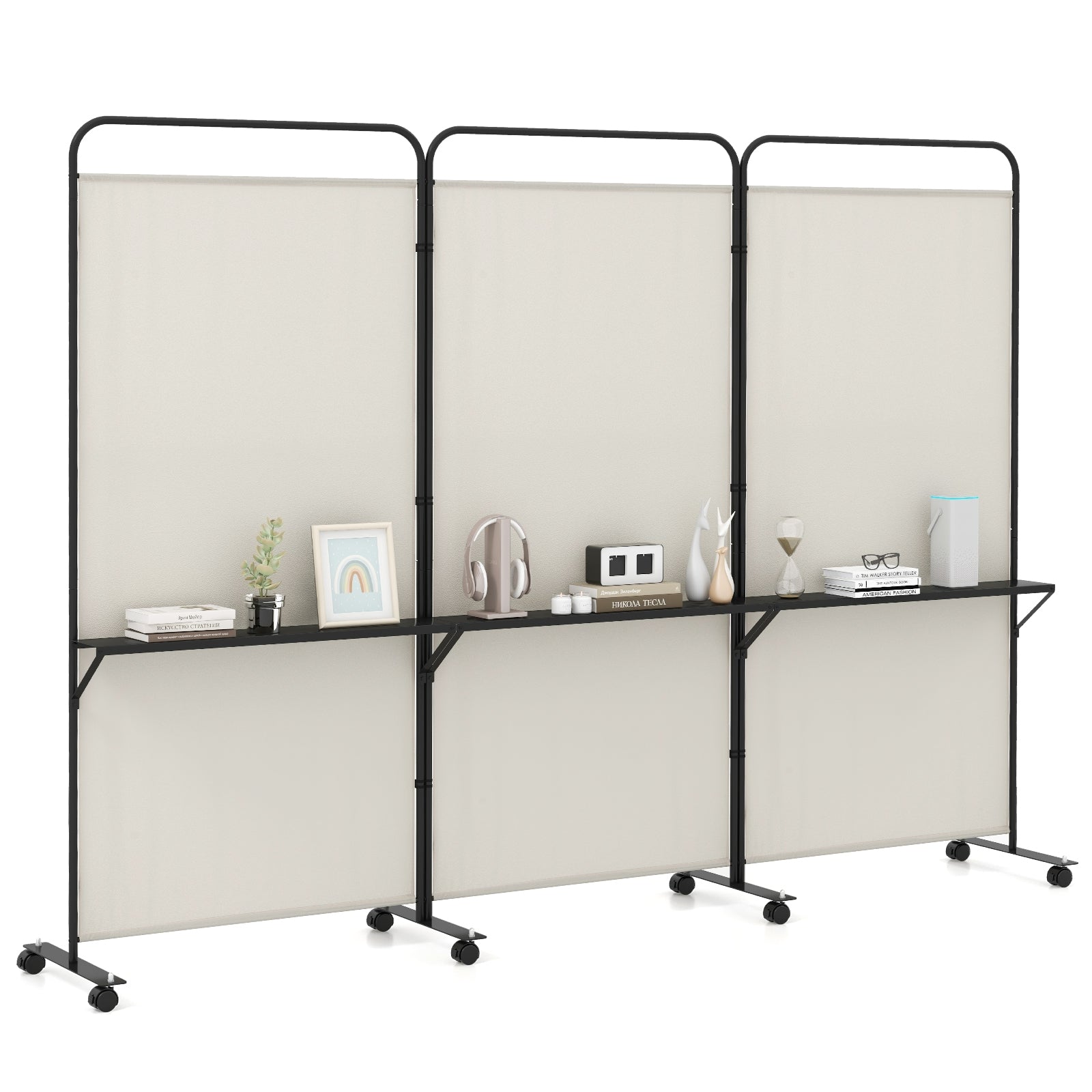 3-Panel Folding Room Divider, 3 Metal Shelves, Lockable Wheels, Beige Room Dividers Beige at Gallery Canada
