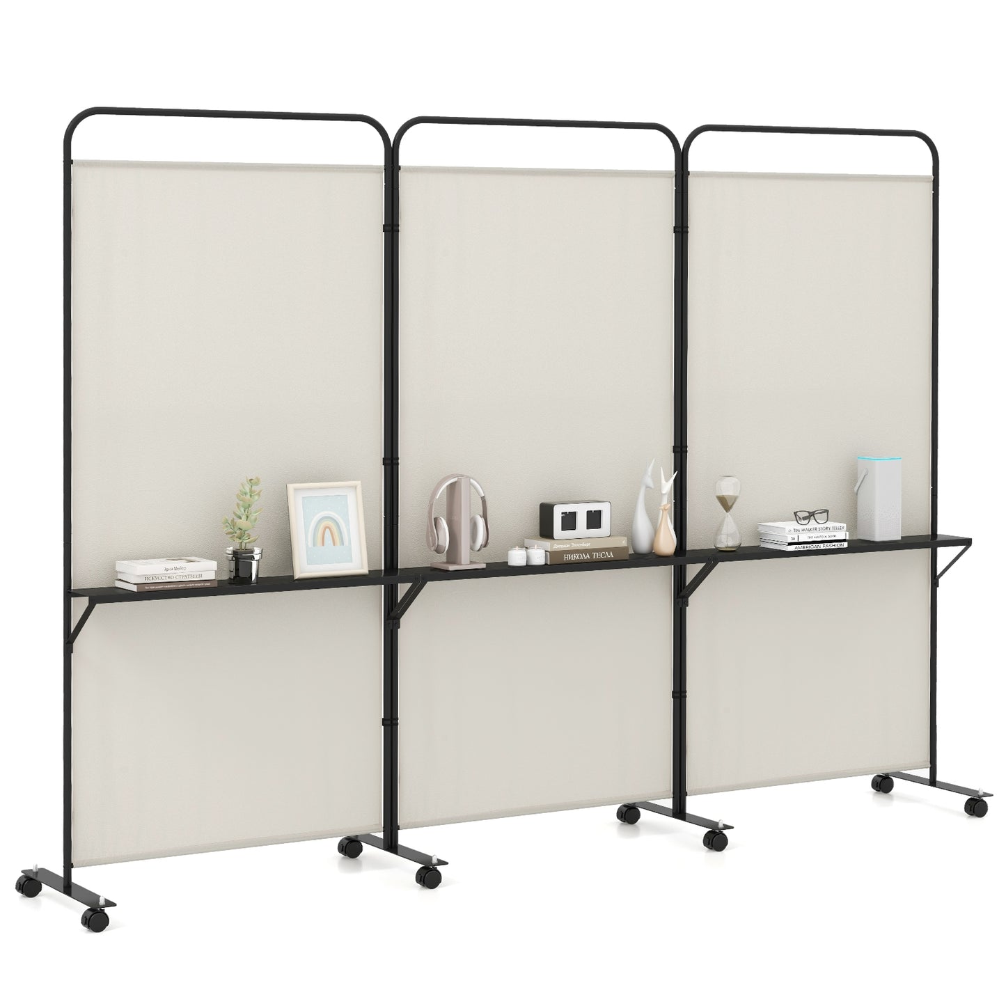 3-Panel Folding Room Divider, 3 Metal Shelves, Lockable Wheels, Beige Room Dividers Beige at Gallery Canada