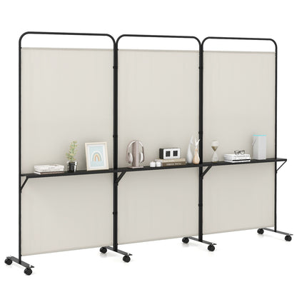 3-Panel Folding Room Divider, 3 Metal Shelves, Lockable Wheels, Beige Room Dividers Beige at Gallery Canada