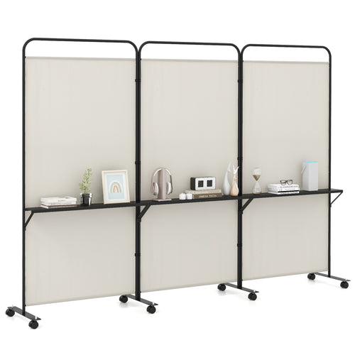 3-Panel Folding Room Divider, 3 Metal Shelves, Lockable Wheels, Beige