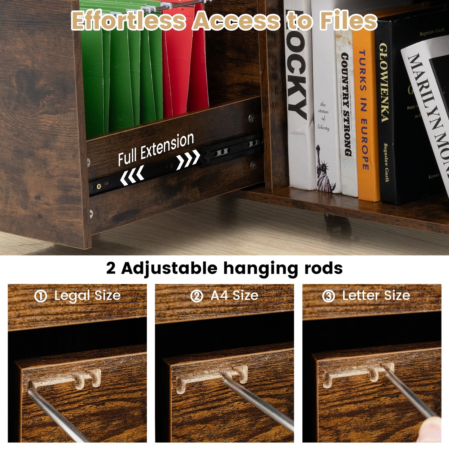 3-Drawer File Cabinet with Adjustable Shelf and Wheels for Letter, Rustic Brown File Cabinets at Gallery Canada