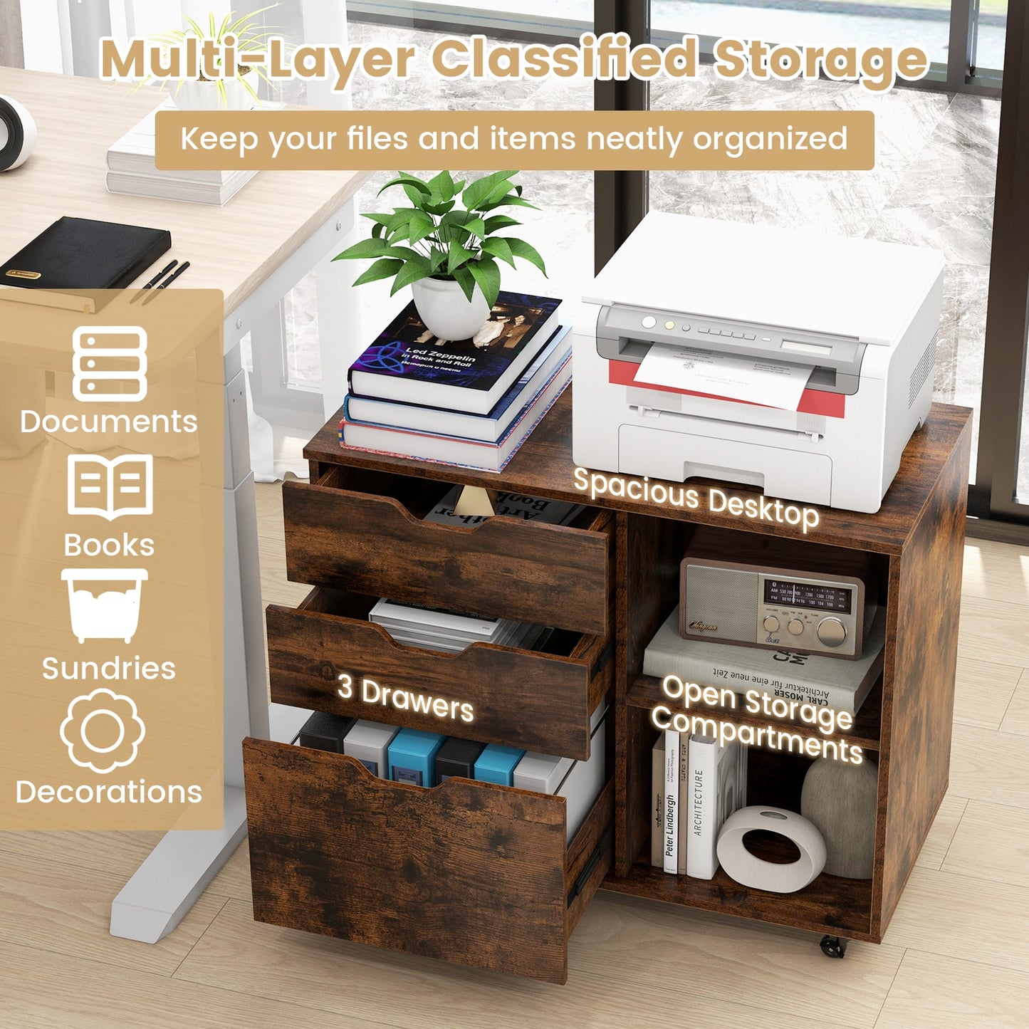 3-Drawer File Cabinet with Adjustable Shelf and Wheels for Letter, Rustic Brown File Cabinets at Gallery Canada