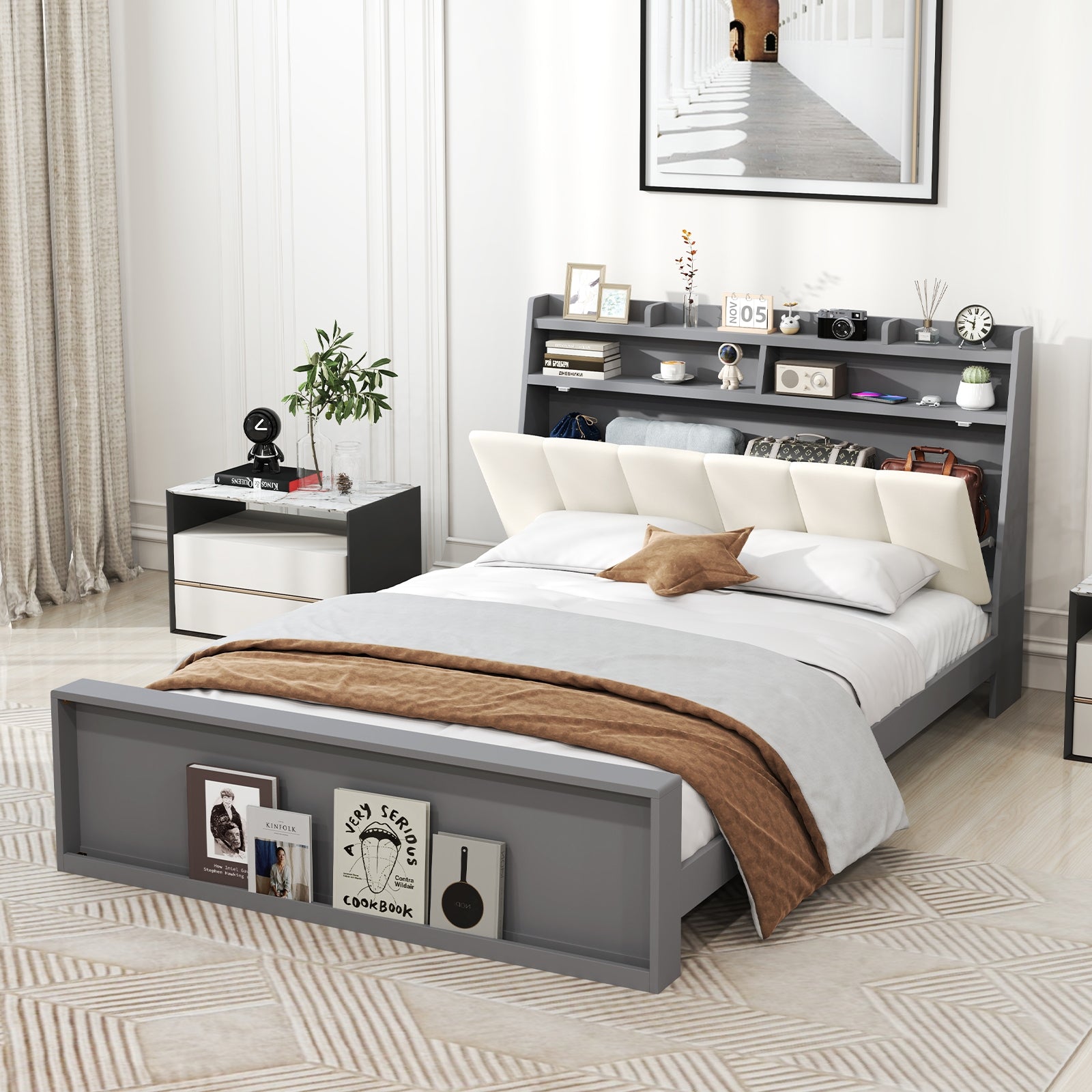 Full Size Bed Frame with Storage Modern Platform Bed with Headboard-Full Size, Gray Simple Bed Frame at Gallery Canada