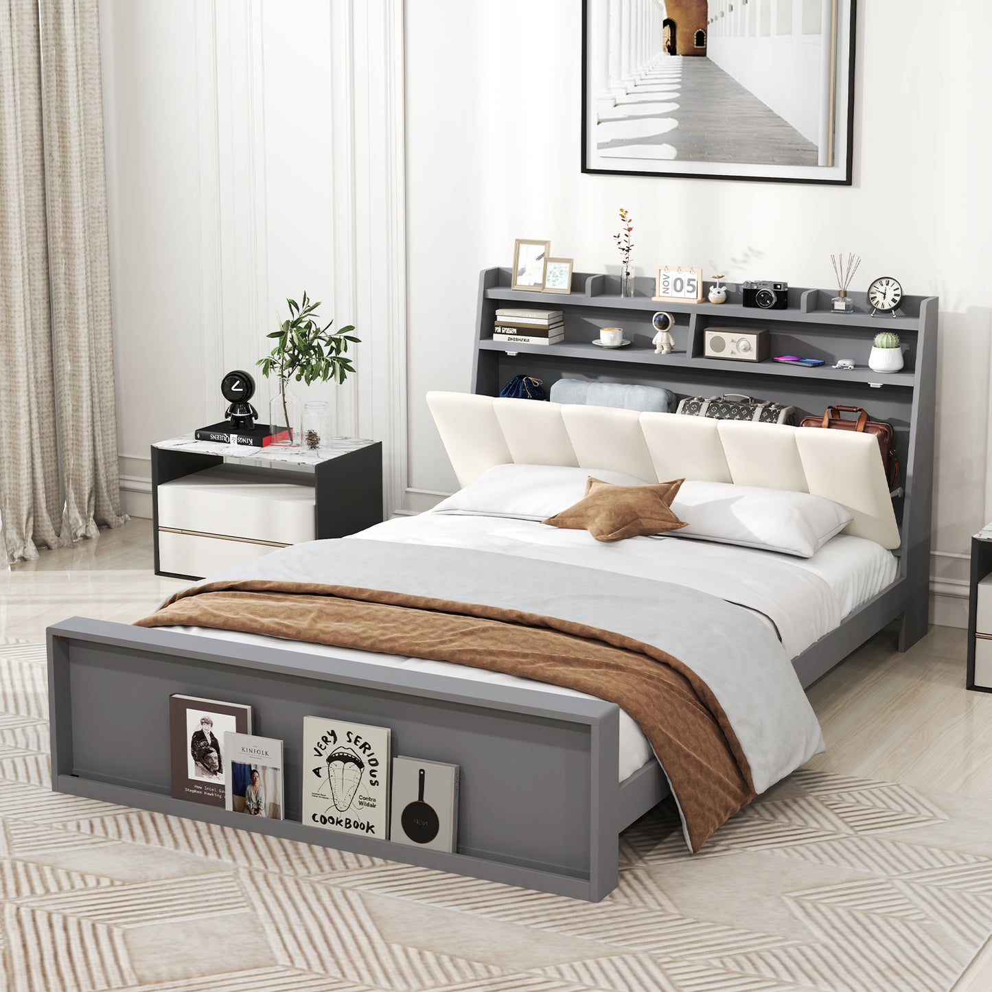 Full Size Bed Frame with Storage Modern Platform Bed with Headboard-Full Size, Gray Simple Bed Frame at Gallery Canada