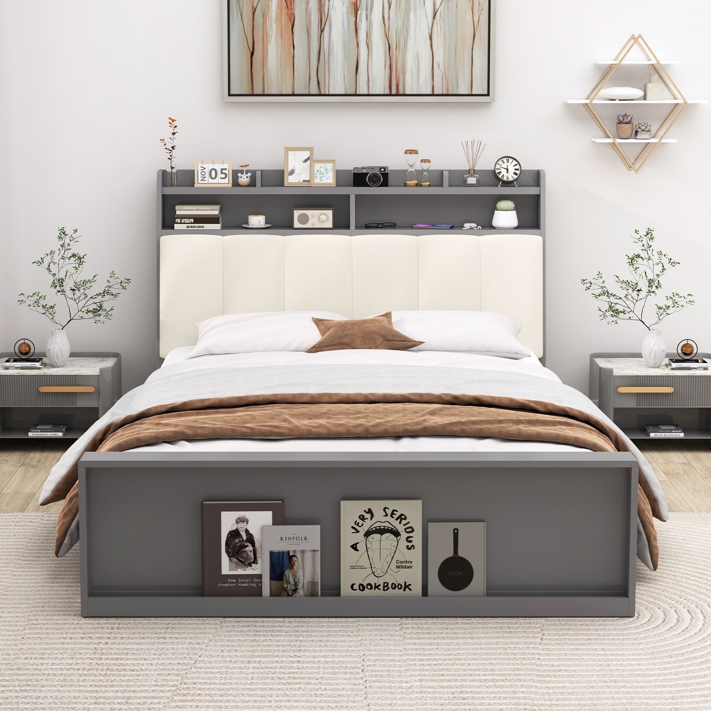 Full Size Bed Frame with Storage Modern Platform Bed with Headboard-Full Size, Gray Simple Bed Frame at Gallery Canada