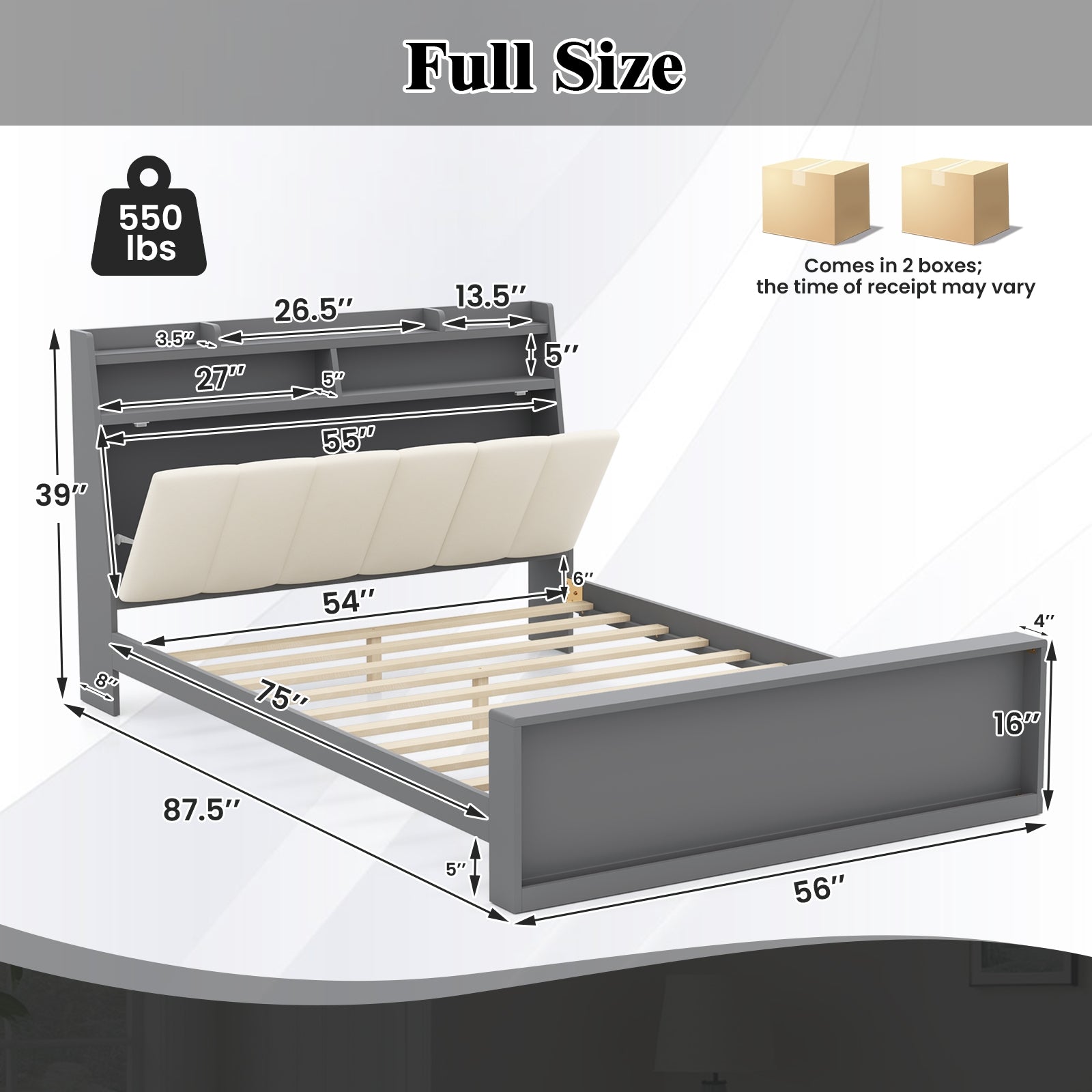 Full Size Bed Frame with Storage Modern Platform Bed with Headboard-Full Size, Gray Simple Bed Frame at Gallery Canada