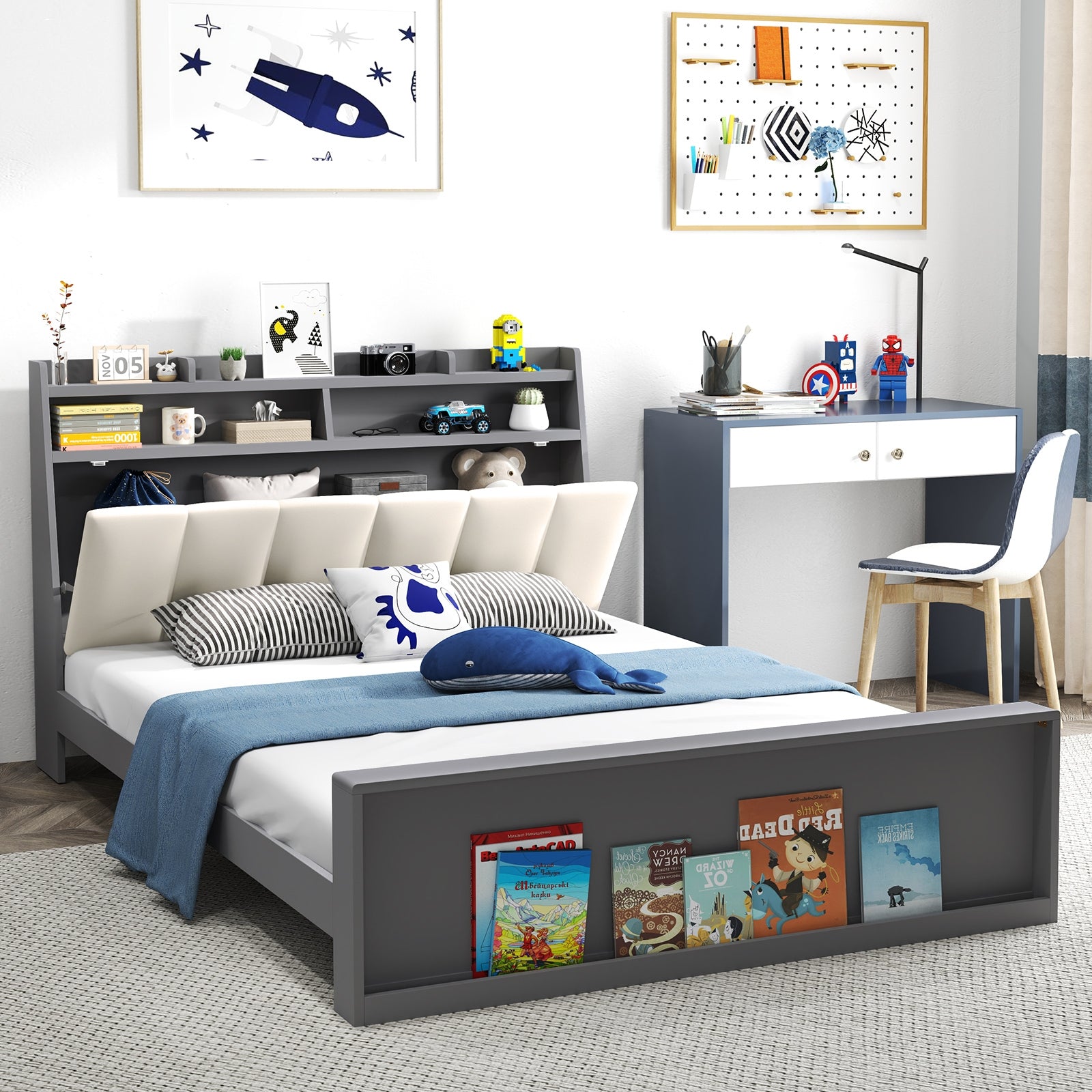 Full Size Bed Frame with Storage Modern Platform Bed with Headboard-Full Size, Gray Simple Bed Frame at Gallery Canada