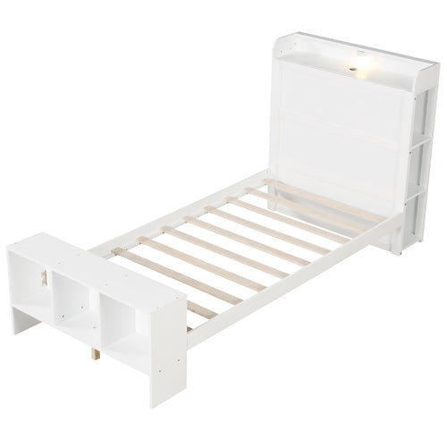 Twin Size Bed Frame with 2 USB Ports with Storage Headboard and Lights-Twin Size, White