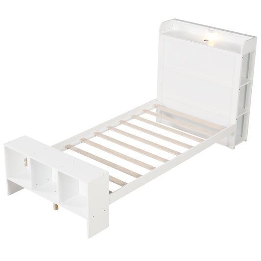 Twin Size Bed Frame With USB Ports, Storage Headboard, Lights, White Simple Bed Frame White at Gallery Canada