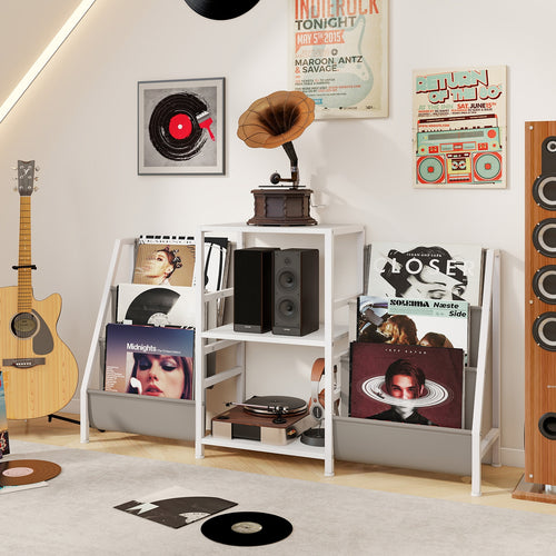 Record Player Stand for up to 200 Albums Turntable Display Stand with 3 Shelves, White