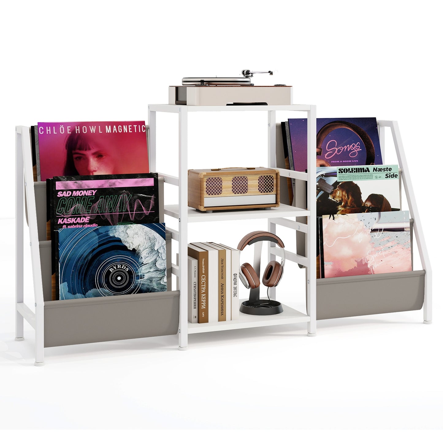 Record Player Stand for up to 200 Albums Turntable Display Stand with 3 Shelves, White End & Side Tables at Gallery Canada