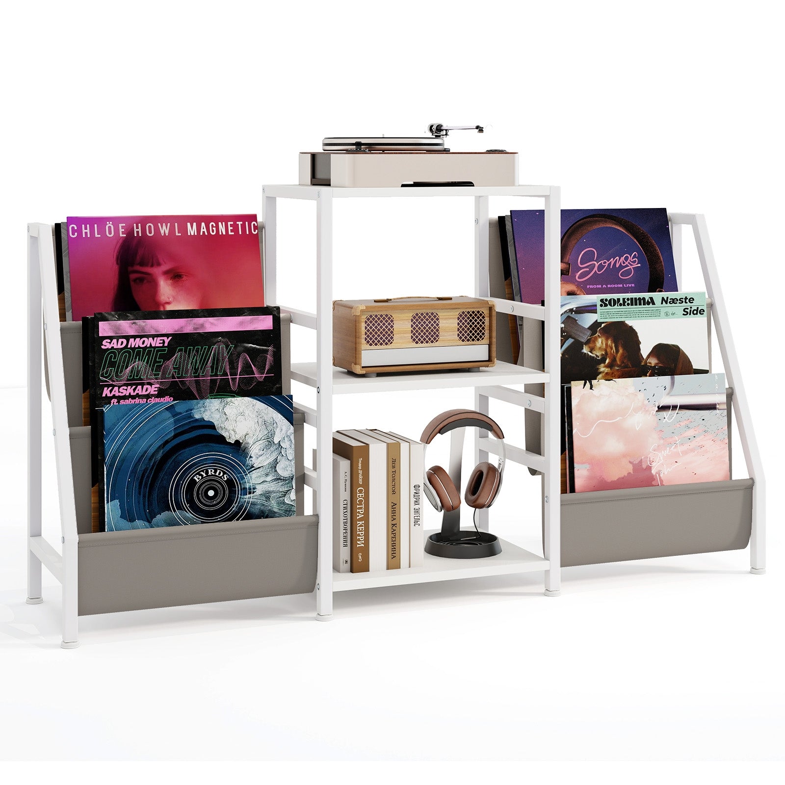 Record Player Stand for up to 200 Albums Turntable Display Stand with 3 Shelves, White End & Side Tables at Gallery Canada