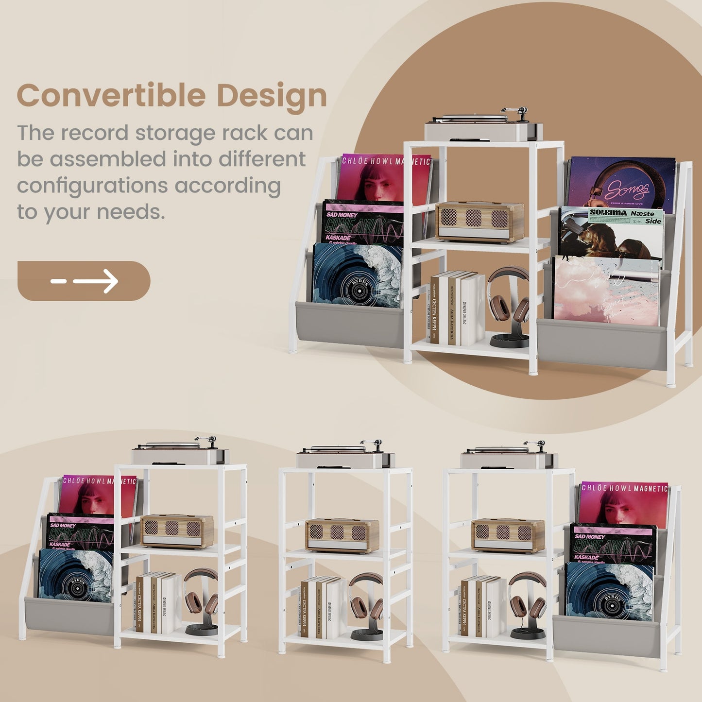 Record Player Stand for up to 200 Albums Turntable Display Stand with 3 Shelves, White End & Side Tables at Gallery Canada