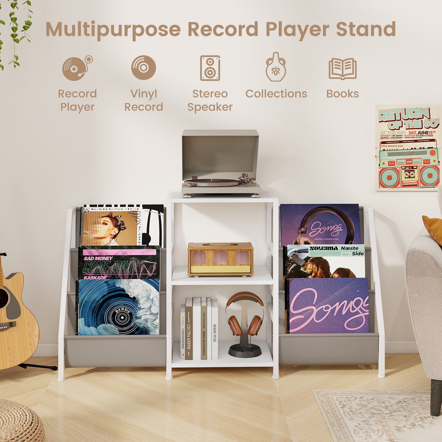 Record Player Stand for up to 200 Albums Turntable Display Stand with 3 Shelves, White End & Side Tables at Gallery Canada