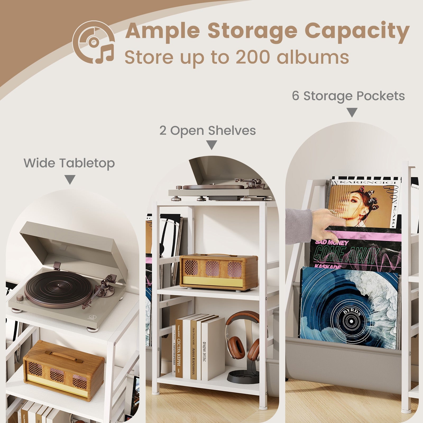 Record Player Stand for up to 200 Albums Turntable Display Stand with 3 Shelves, White End & Side Tables at Gallery Canada