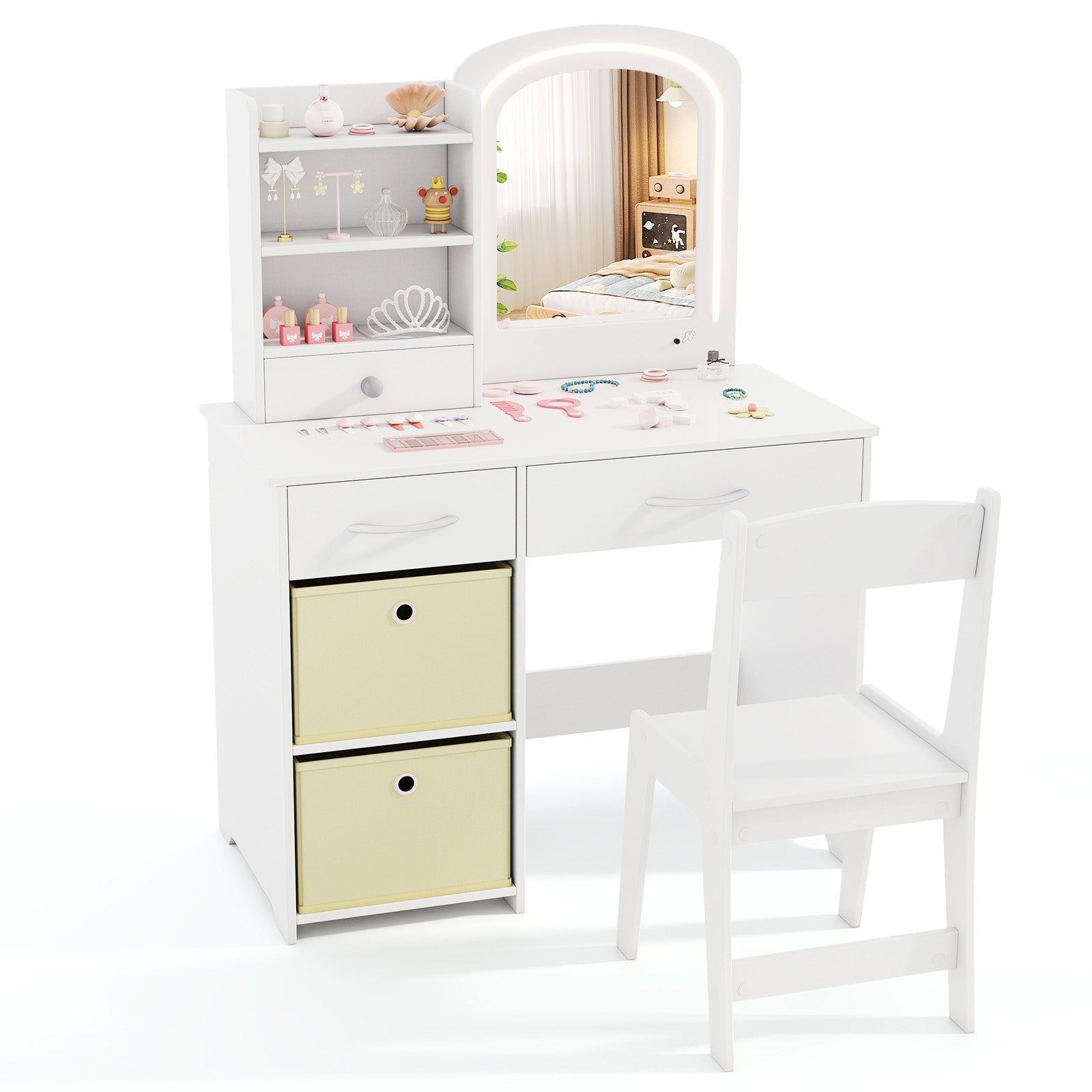 Kids Vanity Set with Lighted Mirror Makeup Desk and Chair Set with Drawers, White Kids Vanities at Gallery Canada