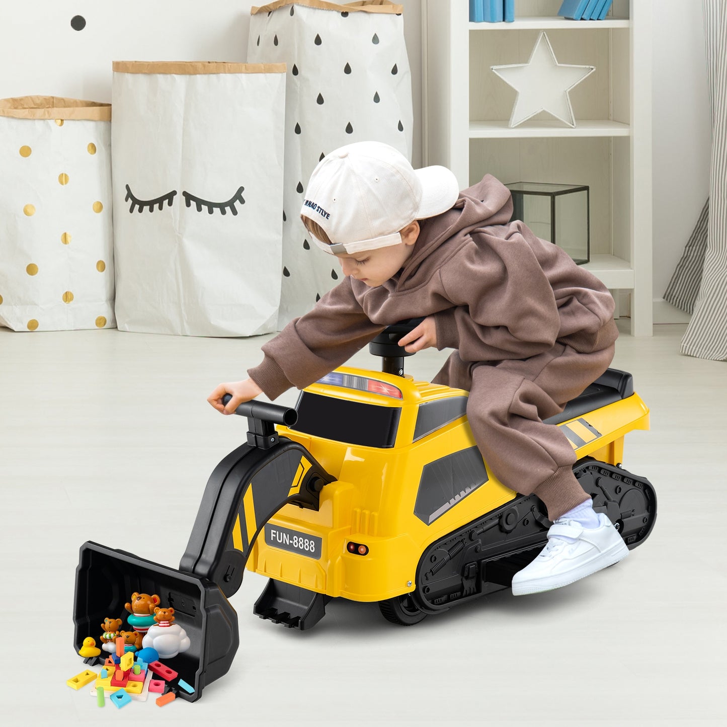 6V Ride on Tractor 3-in-1 Electric Excavator with Adjustable Arms and Music, Yellow Powered Ride On Toys at Gallery Canada