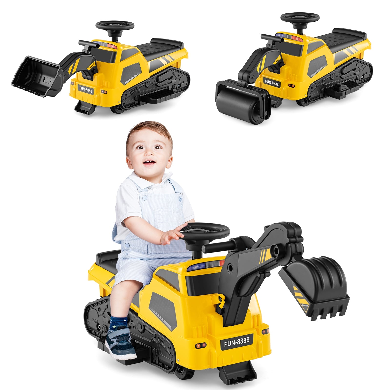6V Ride on Tractor 3-in-1 Electric Excavator with Adjustable Arms and Music, Yellow Powered Ride On Toys at Gallery Canada