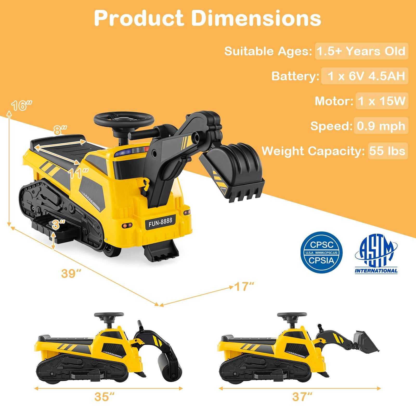 6V Ride on Tractor 3-in-1 Electric Excavator with Adjustable Arms and Music, Yellow Powered Ride On Toys at Gallery Canada
