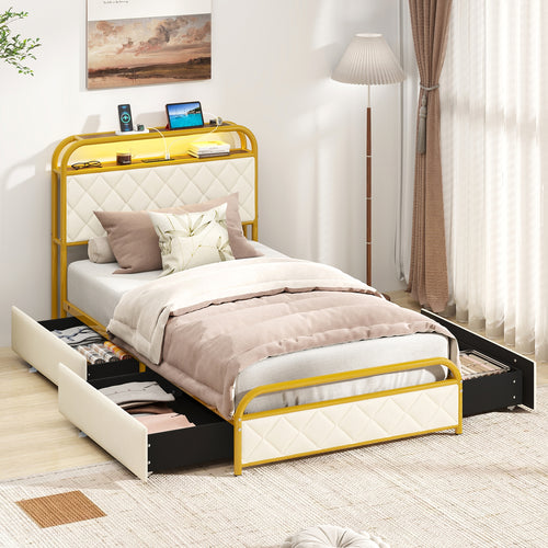 Twin/Full/Queen Size Bed Frame with LED Lights and Charging Station Gold-Twin Size, Golden