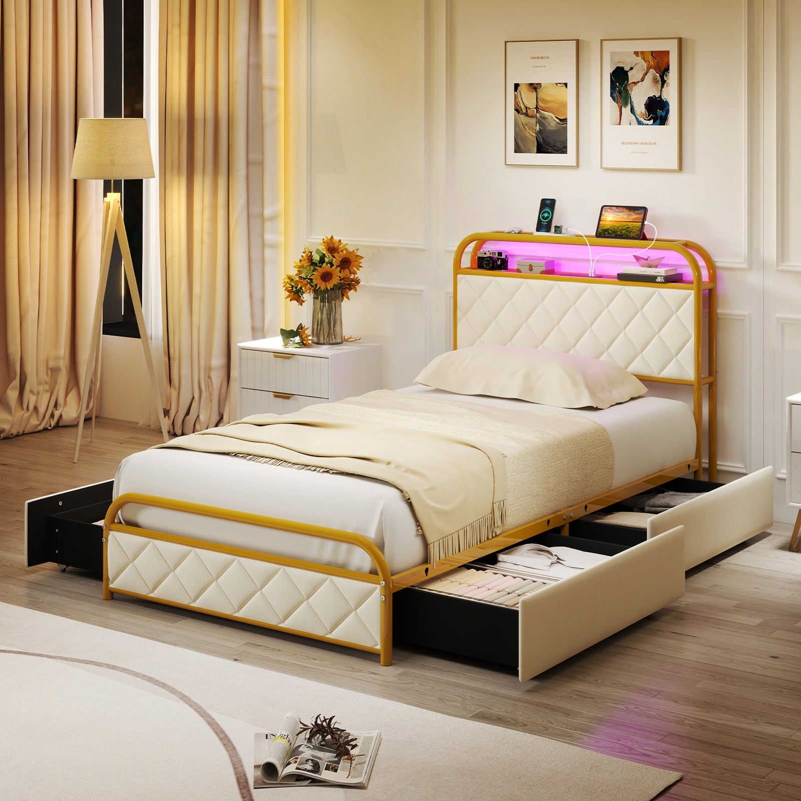Twin/Full/Queen Size Bed Frame with LED Lights and Charging Station Gold-Twin Size, Golden Trundle Bed Frame at Gallery Canada