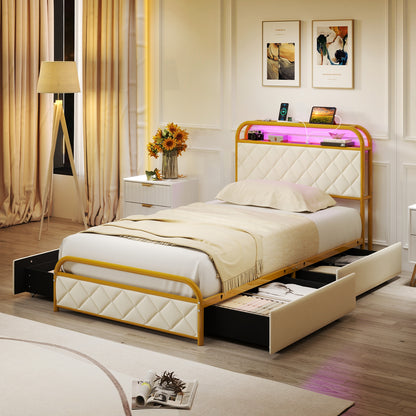 Twin/Full/Queen Size Bed Frame with LED Lights and Charging Station Gold-Twin Size, Golden Trundle Bed Frame at Gallery Canada