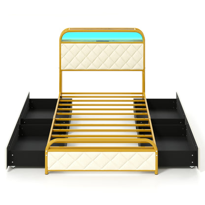 Twin Size Bed Frame With LED Lights, Charging Station, Golden Trundle Bed Frame Golden at Gallery Canada