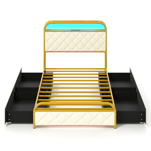 Twin Size Bed Frame With LED Lights, Charging Station, Golden