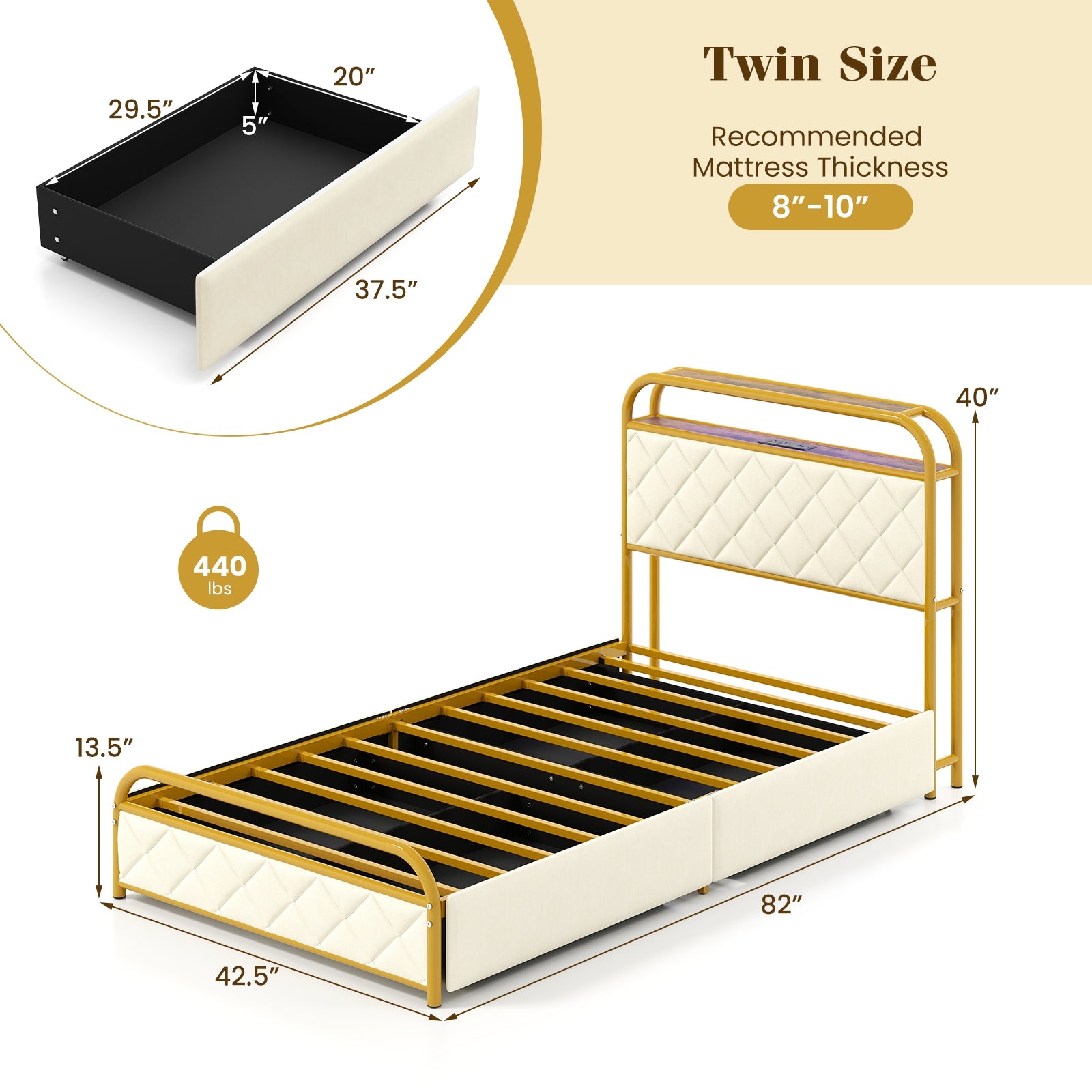 Twin/Full/Queen Size Bed Frame with LED Lights and Charging Station Gold-Twin Size, Golden Trundle Bed Frame at Gallery Canada