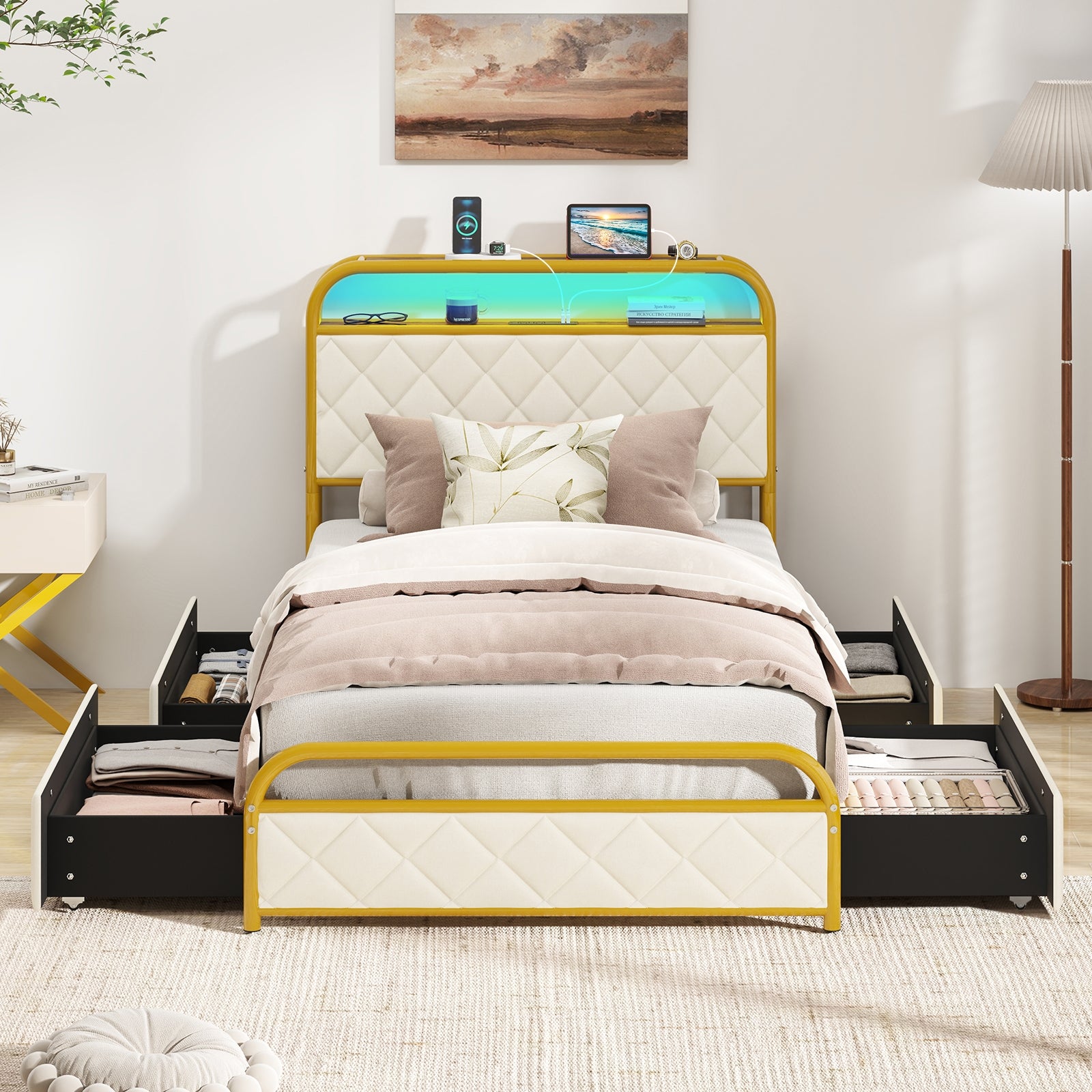 Twin/Full/Queen Size Bed Frame with LED Lights and Charging Station Gold-Twin Size, Golden Trundle Bed Frame at Gallery Canada
