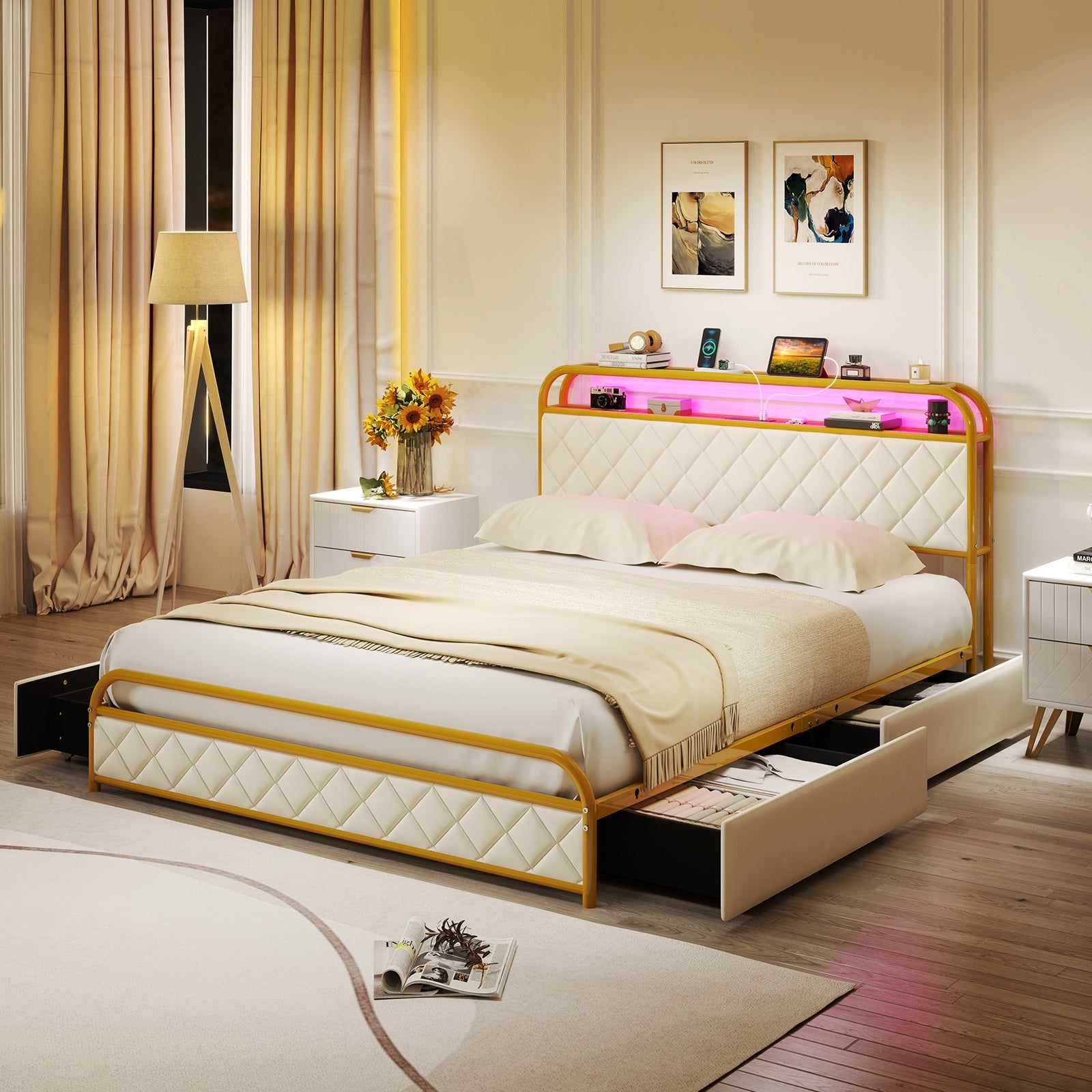 Twin/Full/Queen Size Bed Frame with LED Lights and Charging Station Gold-Queen Size, Golden Trundle Bed Frame at Gallery Canada