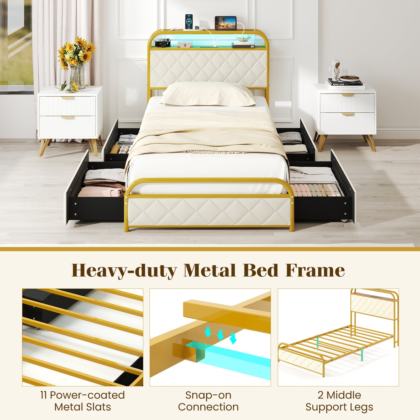 Twin/Full/Queen Size Bed Frame with LED Lights and Charging Station Gold-Twin Size, Golden Trundle Bed Frame at Gallery Canada