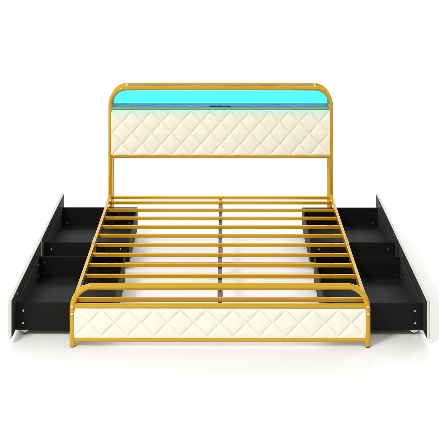 Queen Size Bed Frame With LED Lights, Charging Station, Golden Trundle Bed Frame at Gallery Canada