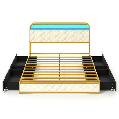 Twin/Full/Queen Size Bed Frame with LED Lights and Charging Station Gold-Queen Size, Golden