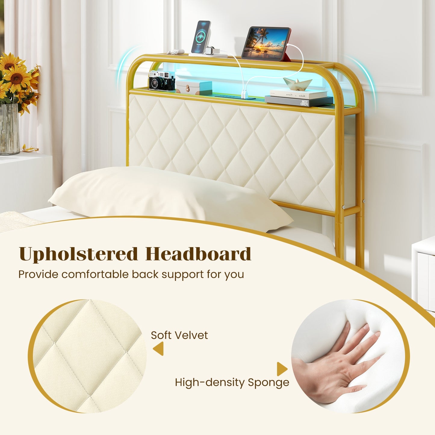 Twin/Full/Queen Size Bed Frame with LED Lights and Charging Station Gold-Twin Size, Golden Trundle Bed Frame at Gallery Canada