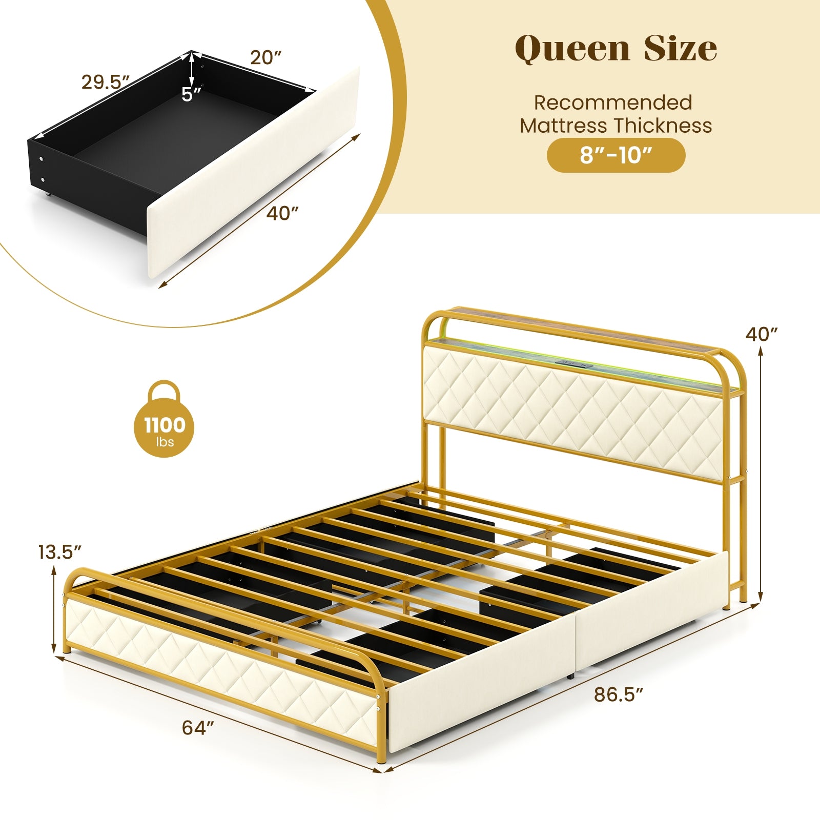 Twin/Full/Queen Size Bed Frame with LED Lights and Charging Station Gold-Queen Size, Golden Trundle Bed Frame at Gallery Canada