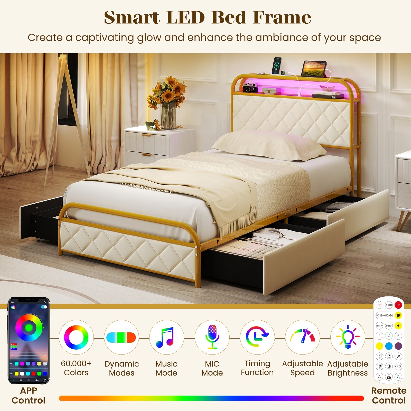 Twin Size Bed Frame With LED Lights, Charging Station, Golden Trundle Bed Frame at Gallery Canada