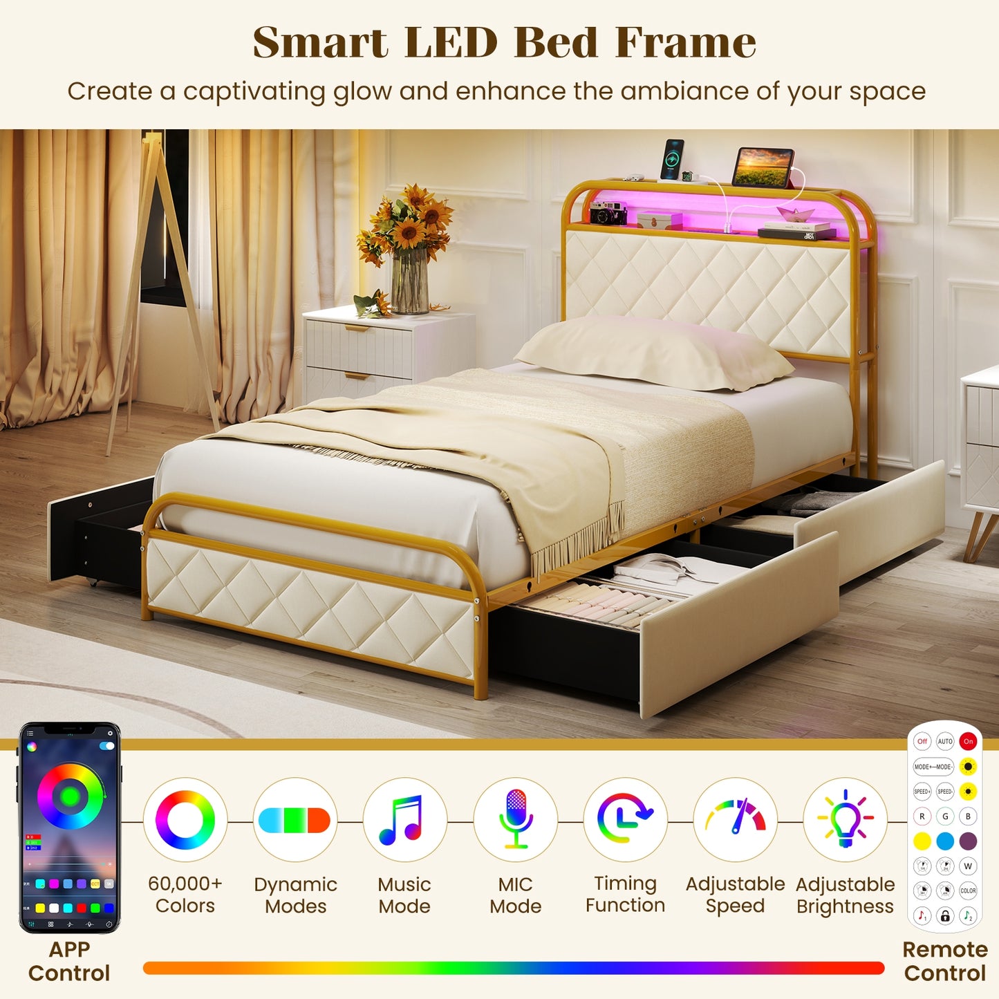 Twin Size Bed Frame With LED Lights, Charging Station, Golden Trundle Bed Frame at Gallery Canada