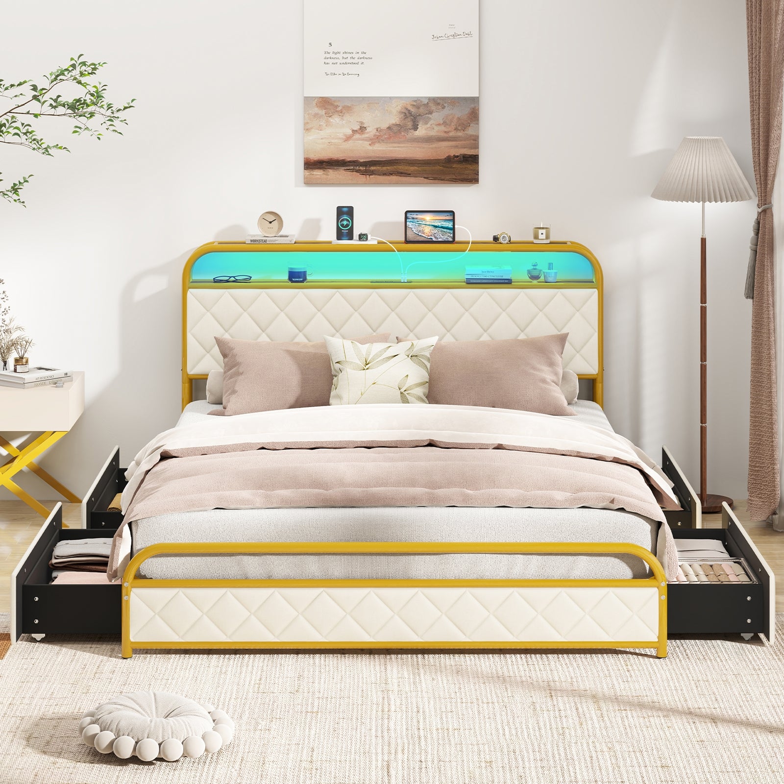 Twin/Full/Queen Size Bed Frame with LED Lights and Charging Station Gold-Queen Size, Golden Trundle Bed Frame at Gallery Canada