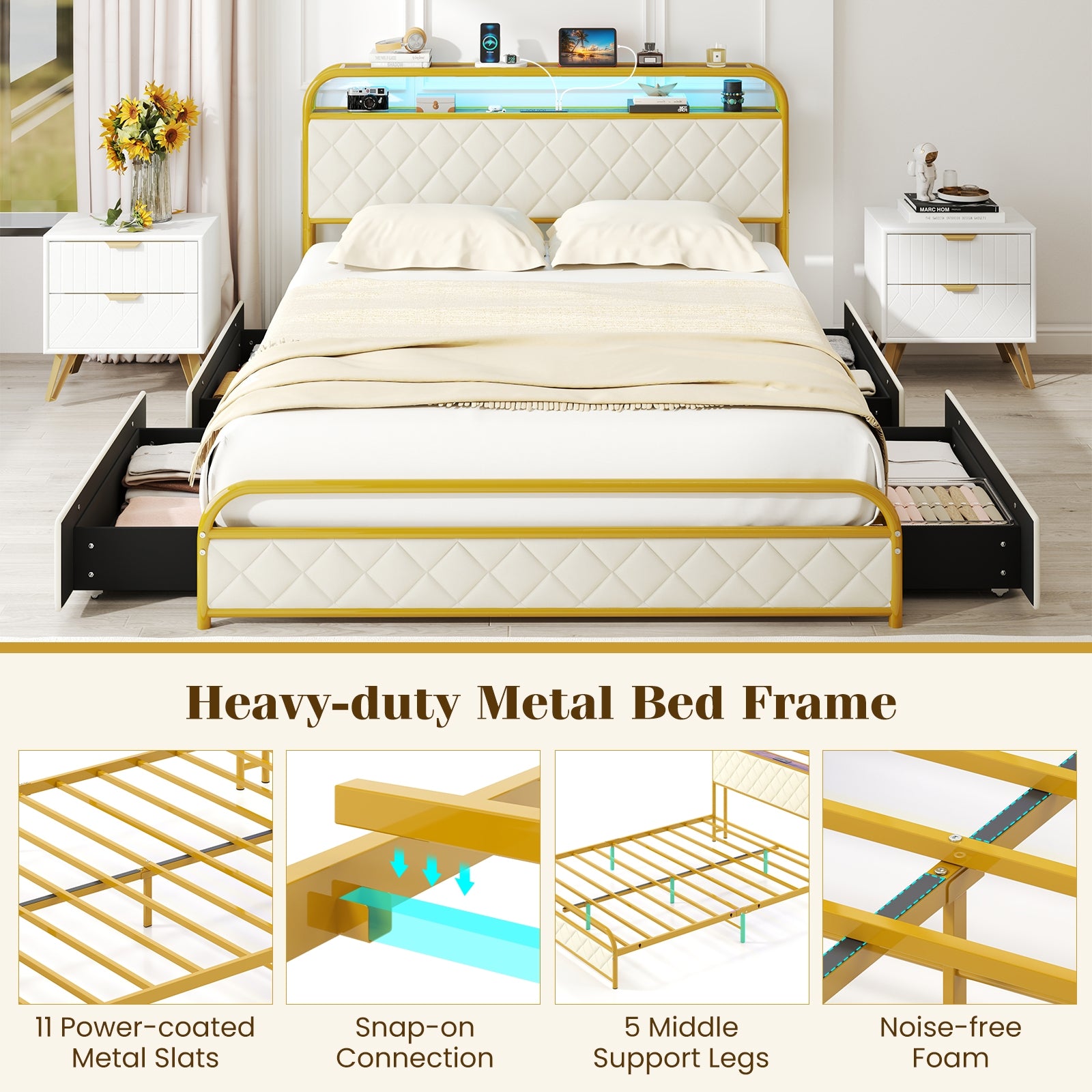 Twin/Full/Queen Size Bed Frame with LED Lights and Charging Station Gold-Queen Size, Golden Trundle Bed Frame at Gallery Canada