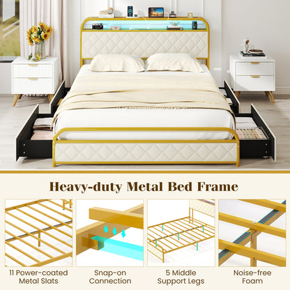 Twin/Full/Queen Size Bed Frame with LED Lights and Charging Station Gold-Queen Size, Golden Trundle Bed Frame at Gallery Canada