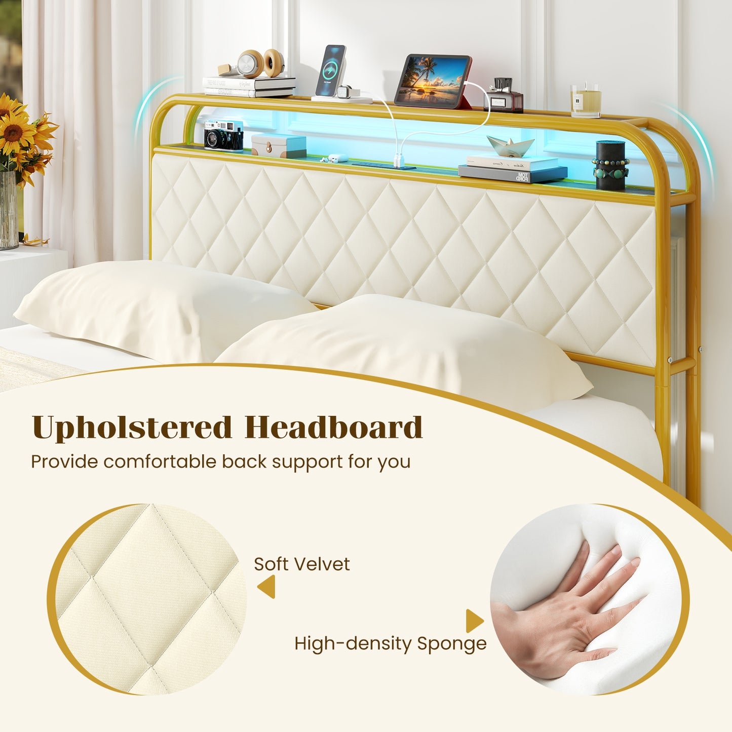 Twin/Full/Queen Size Bed Frame with LED Lights and Charging Station Gold-Queen Size, Golden Trundle Bed Frame at Gallery Canada