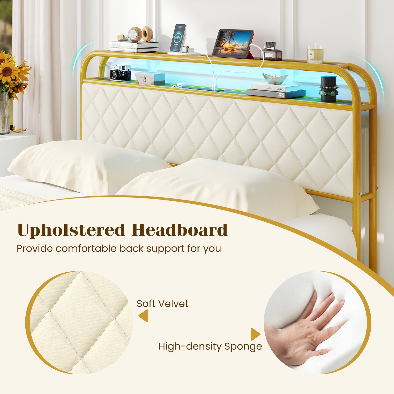 Twin/Full/Queen Size Bed Frame with LED Lights and Charging Station Gold-Queen Size, Golden Trundle Bed Frame at Gallery Canada