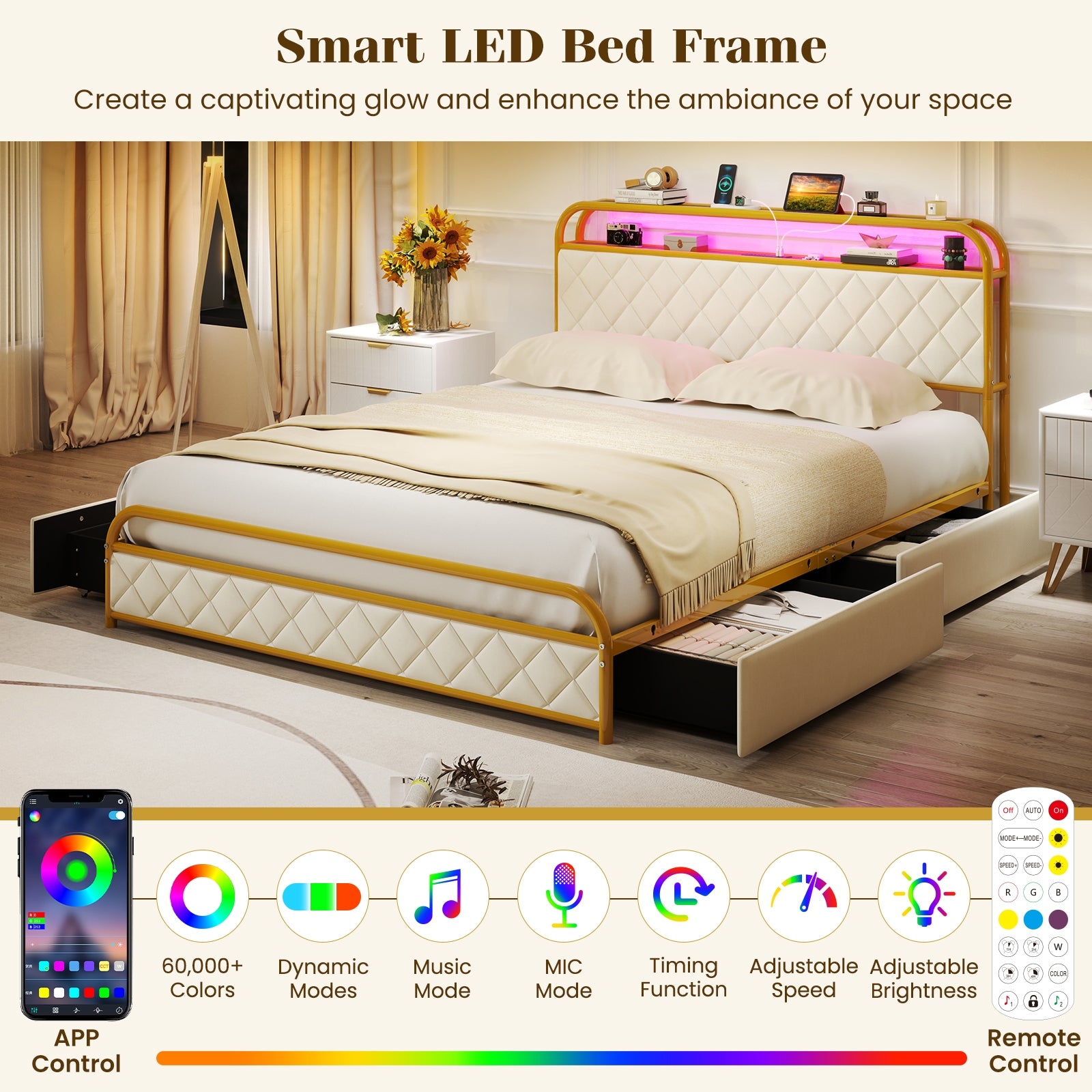 Twin/Full/Queen Size Bed Frame with LED Lights and Charging Station Gold-Queen Size, Golden Trundle Bed Frame at Gallery Canada